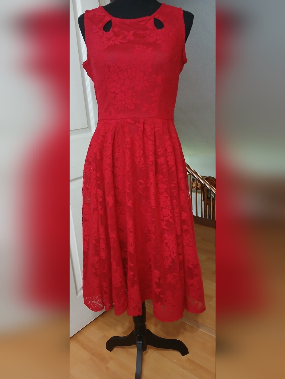 Red lace fit 'n flare sleeveless midi dress with cut-outs